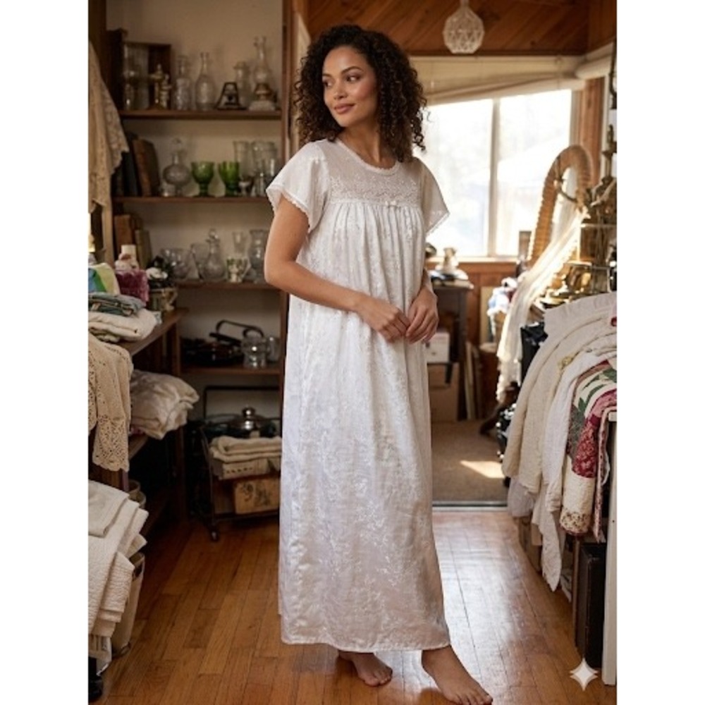 Oscar de la Renta White Satin Floral Embroidered Lace Maxi Nightgown Medium